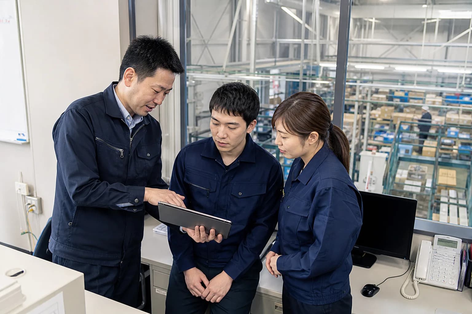 製造現場でタブレットを使いながら研修成果を確認する様子