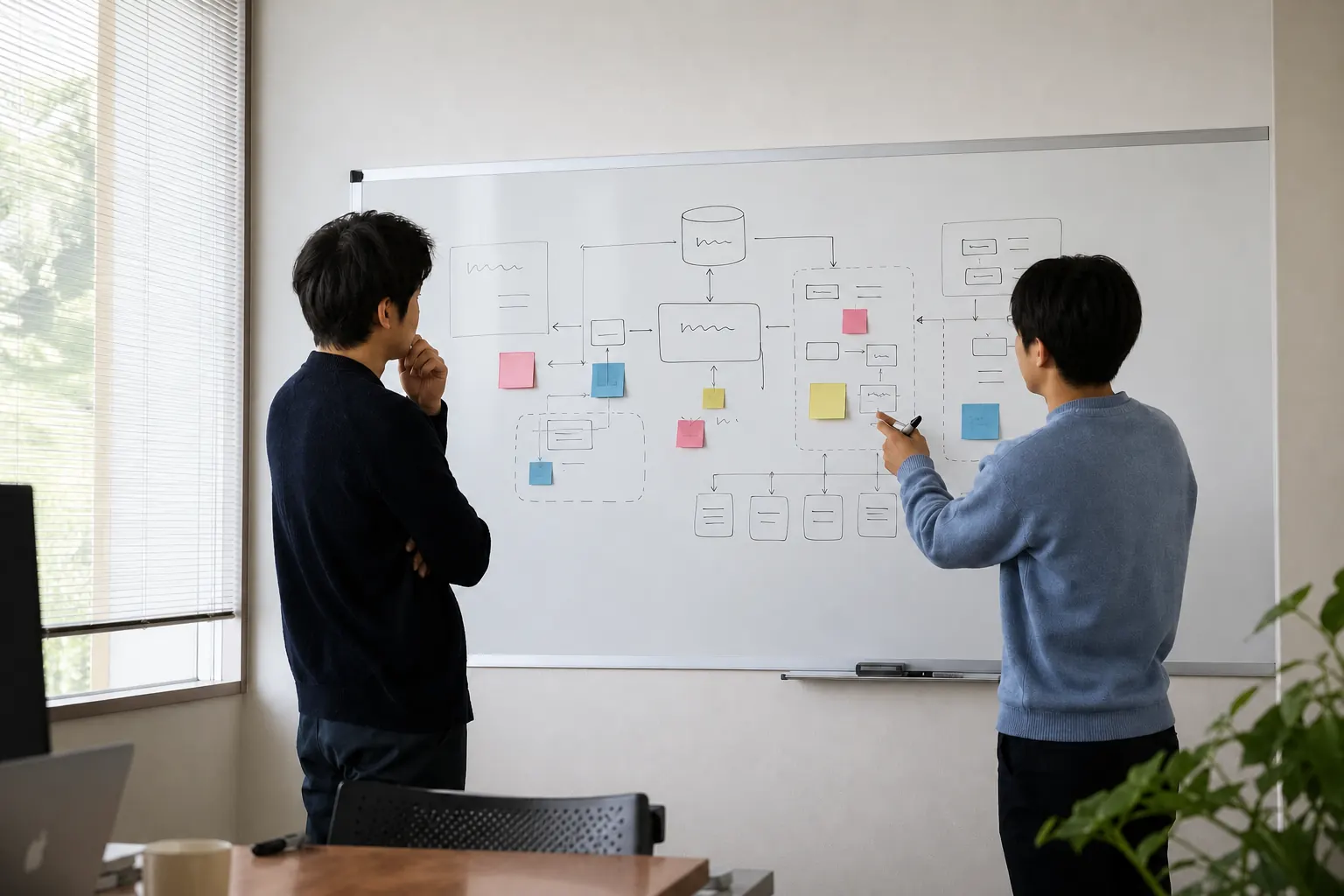 既存システムとの連携構成をホワイトボードで設計する様子
