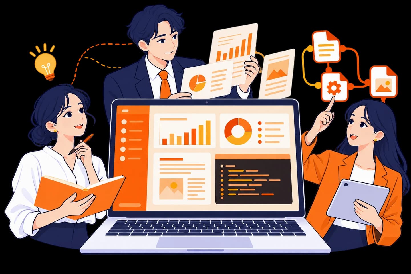 AIと協力して資料作成やデータ整理を進めるチームのイラスト