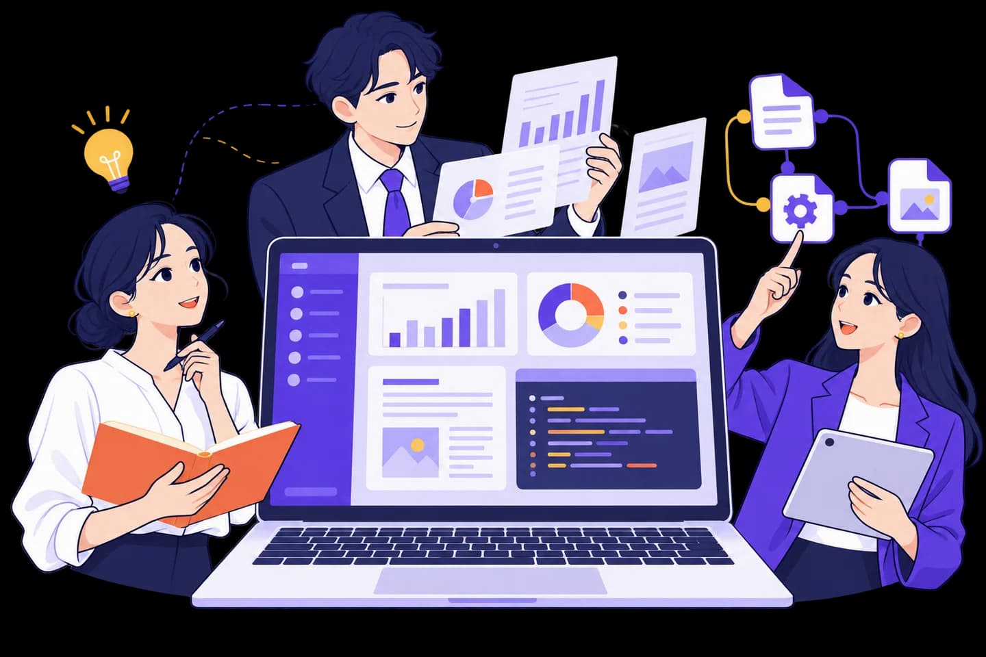 AIと協力して資料作成やデータ整理を進めるチームのイラスト